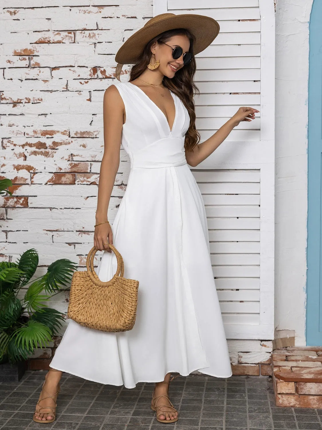 Full Size Slit V-Neck Sleeveless Midi Dress - Wellen Fashion