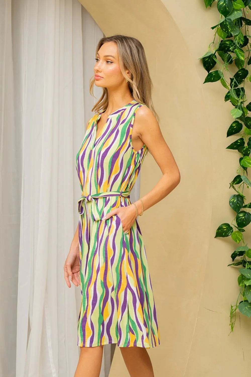 Sew In Love Full Size Stripe Tied Sleeveless Dress with Side Pockets - Wellen Fashion