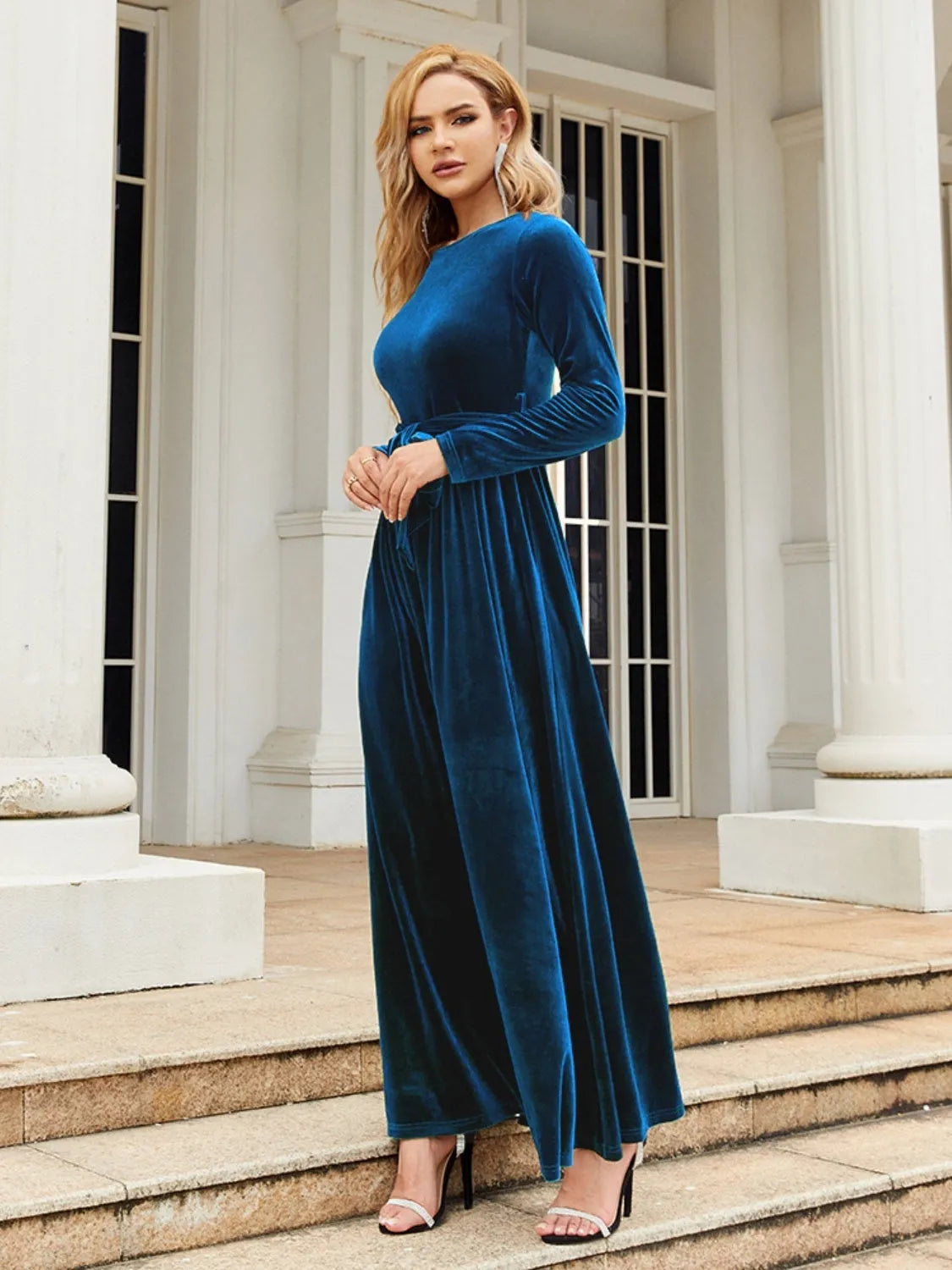 Tie Front Round Neck Long Sleeve Maxi Dress - Wellen Fashion