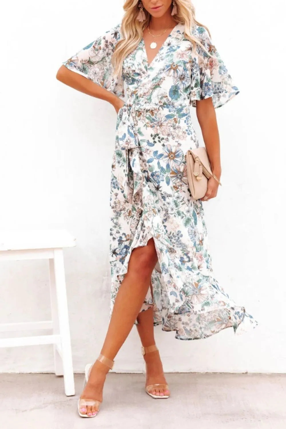 High-Low Printed Surplice Flutter Sleeve Midi Dress - Wellen Fashion