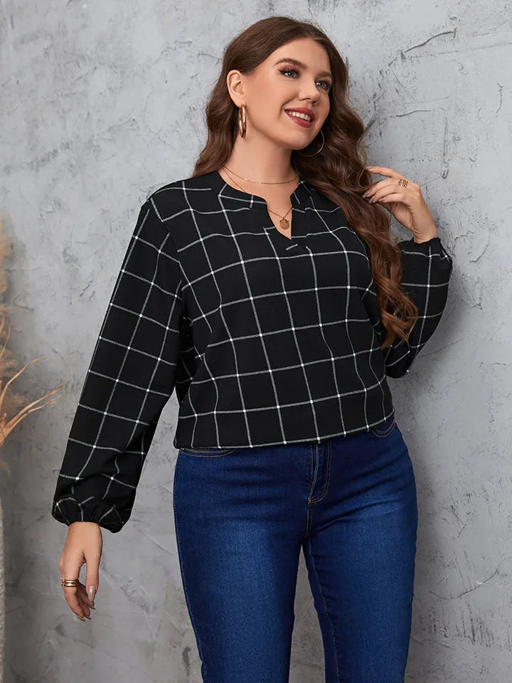 Honey Plus Size Notched Neck Long Sleeve Blouse - Wellen Fashion