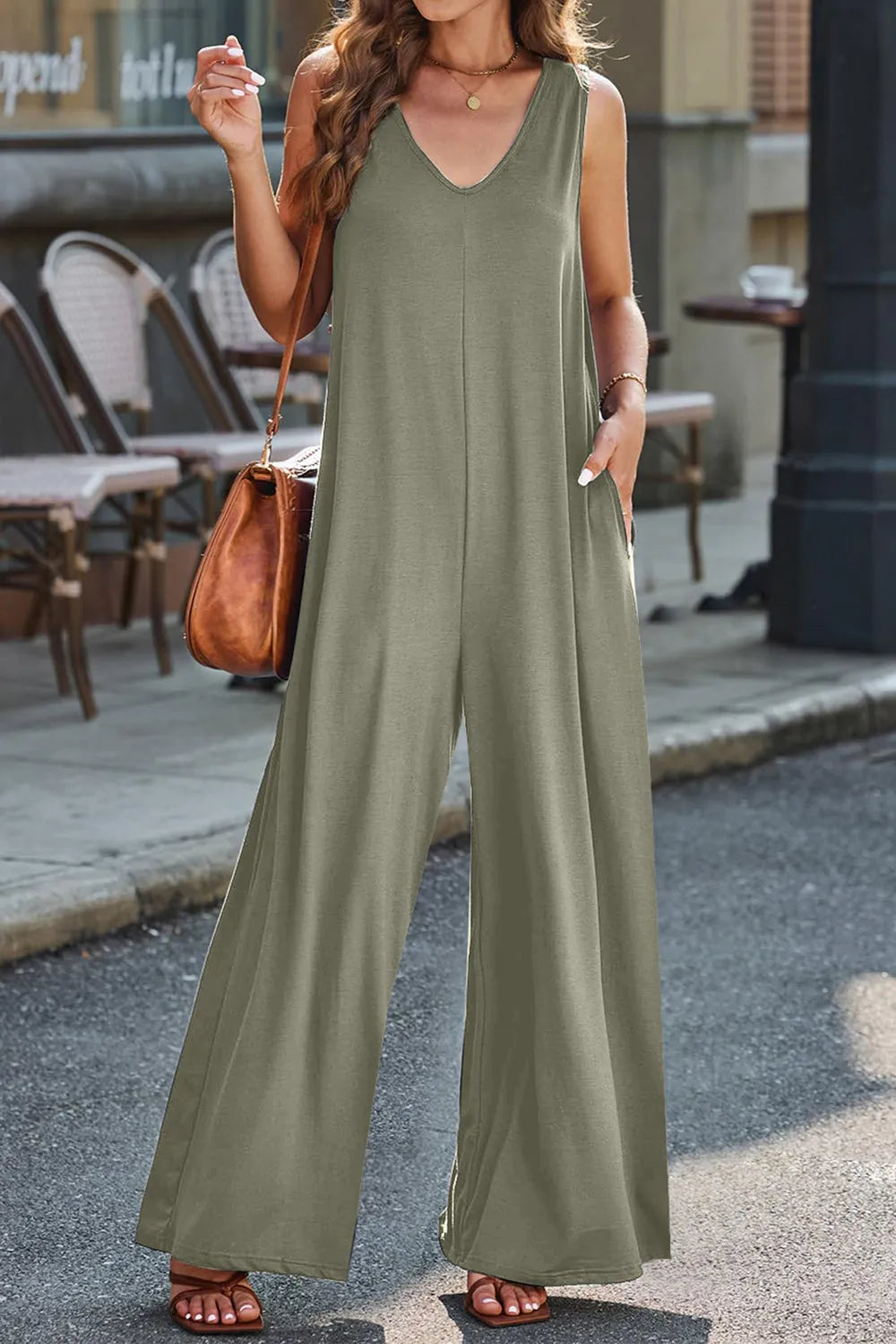 Full Size V-Neck Wide Strap Jumpsuit - Wellen Fashion