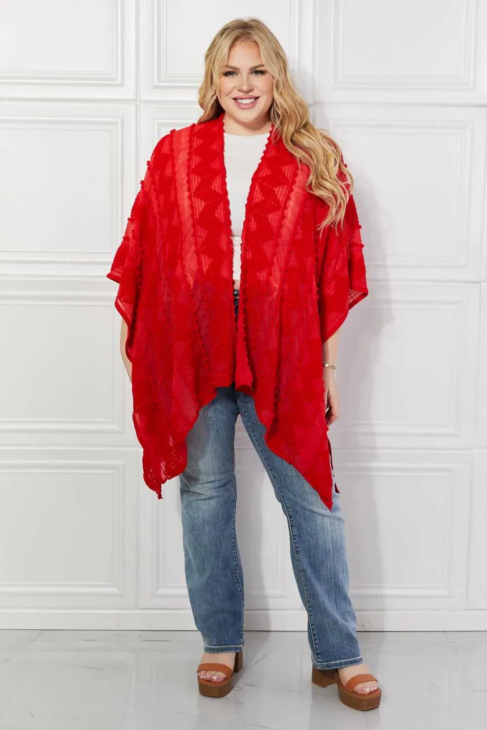 Justin Taylor Pom-Pom Asymmetrical Poncho Cardigan in Red - Wellen Fashion