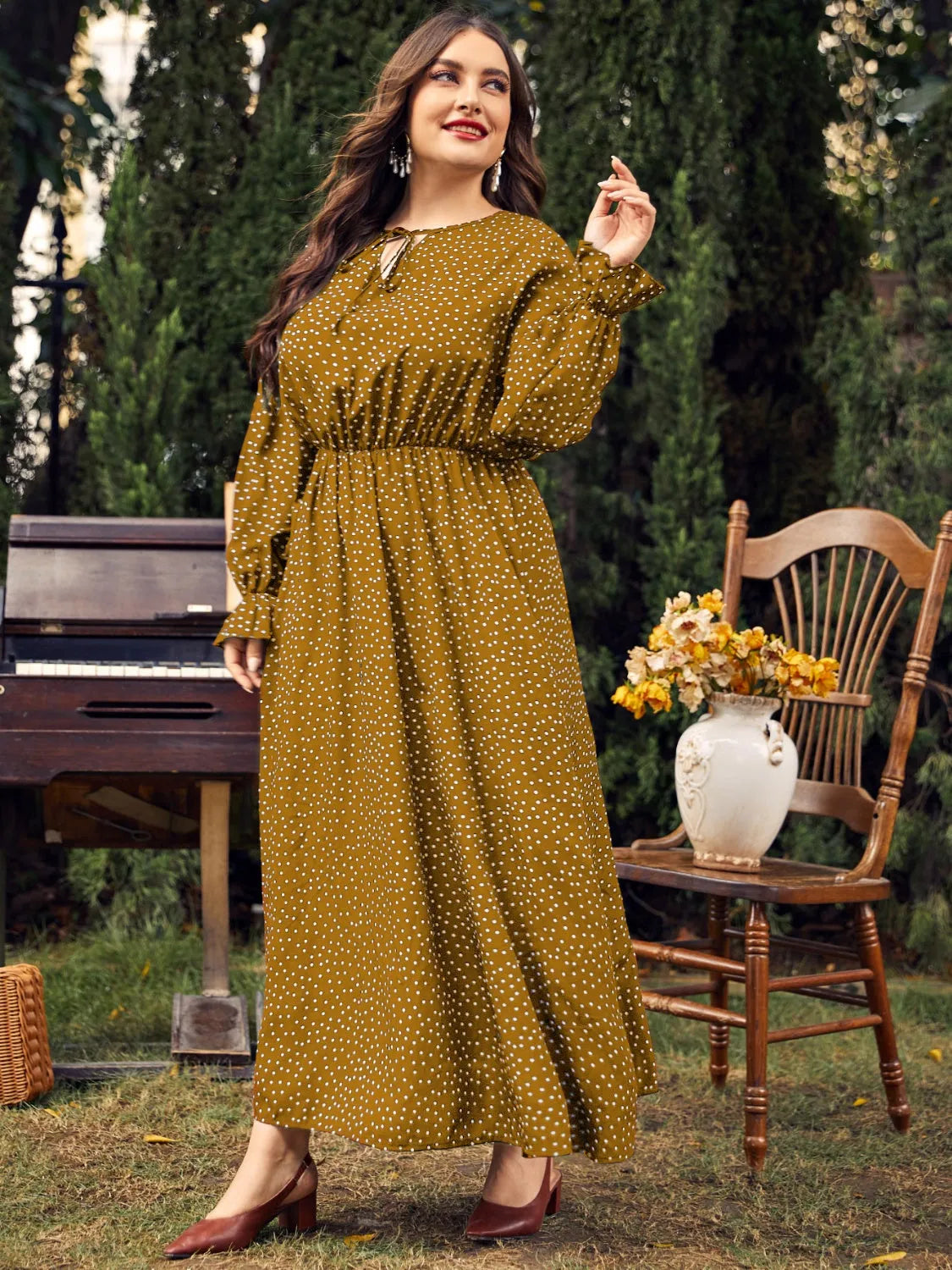 Honey Plus Size Ruffled Polka Dot Long Sleeve Midi Dress - Wellen Fashion