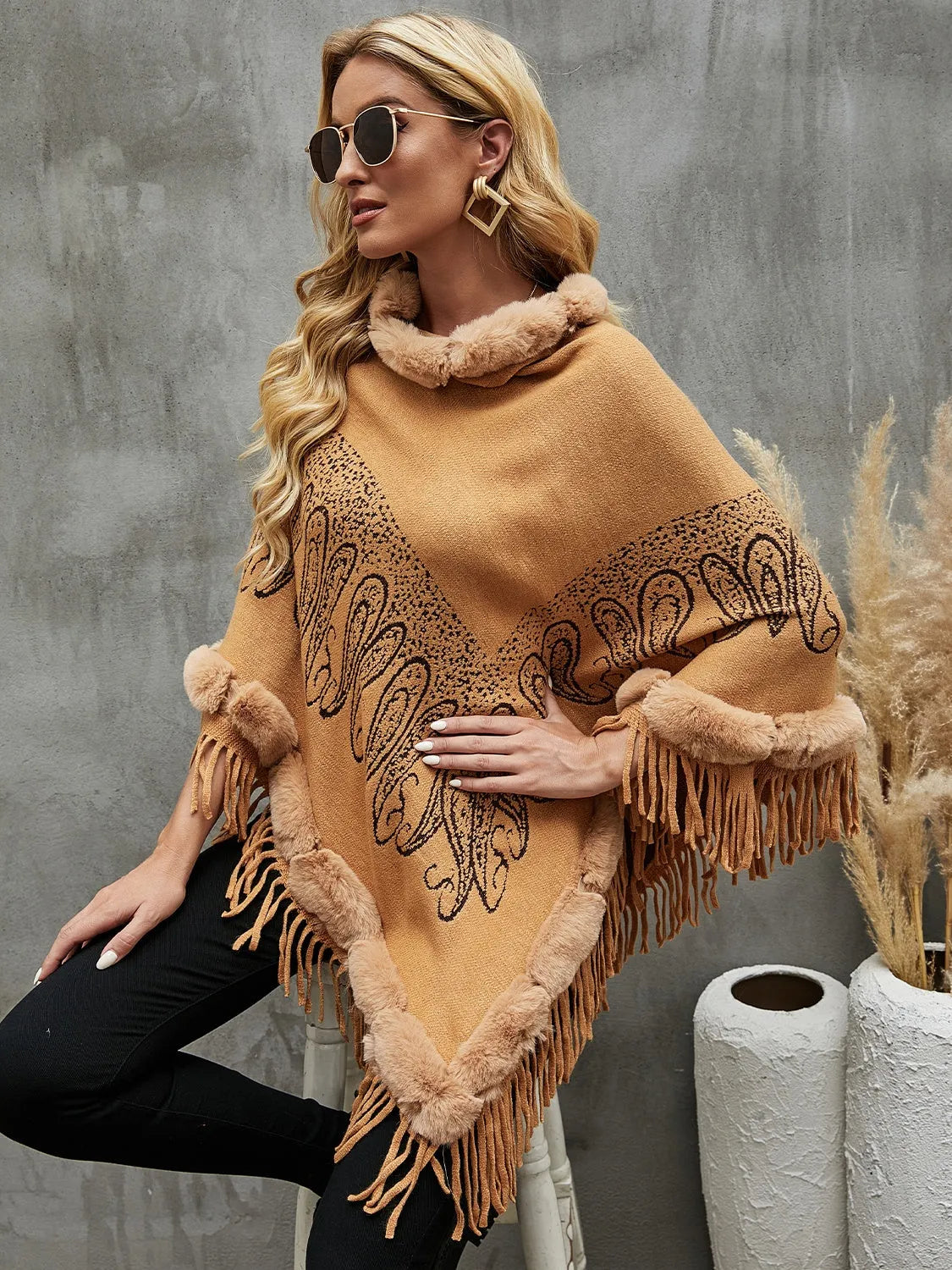 Graphic Fringe Cape Sleeve Poncho - Wellen Fashion