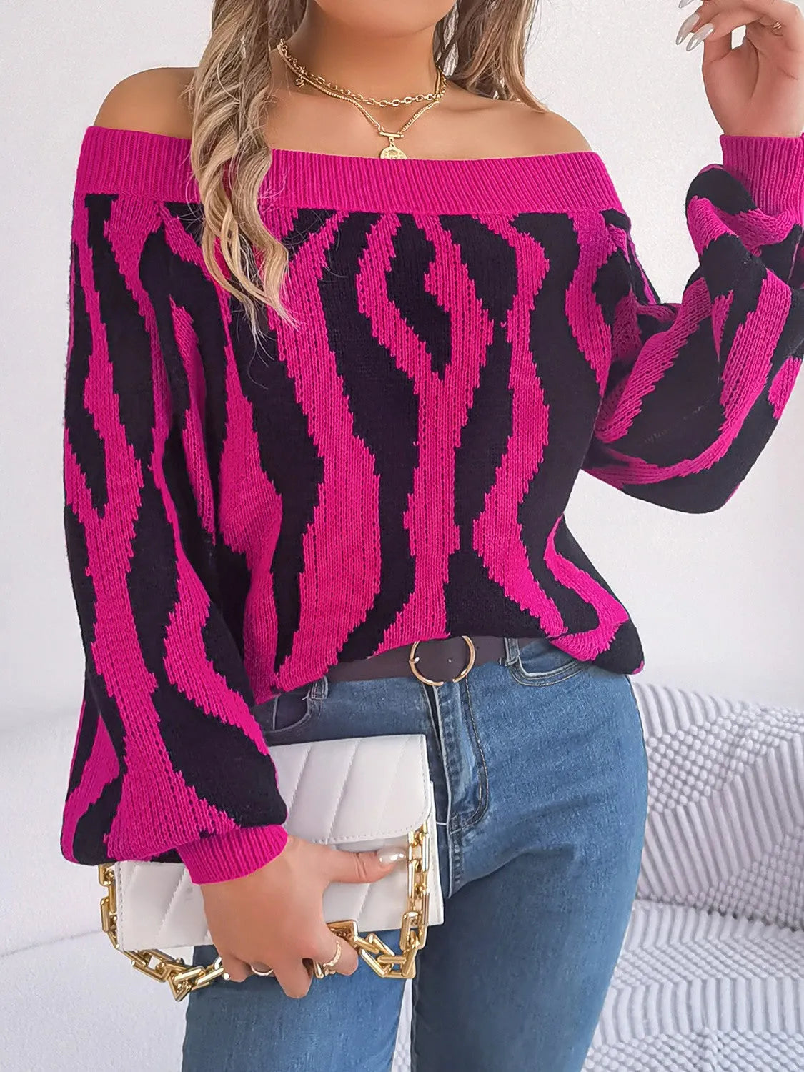 Off-Shoulder Animal Print Long Sleeve Sweater - Wellen Fashion