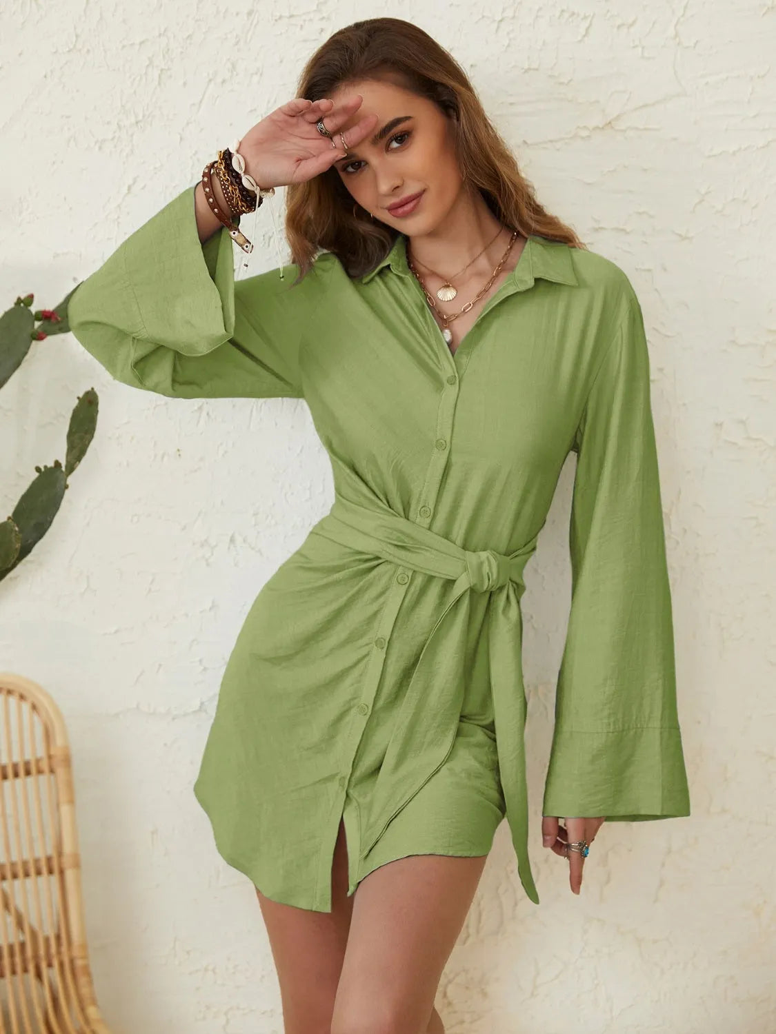 Collared Neck Long Sleeve Mini Shirt Dress - Wellen Fashion