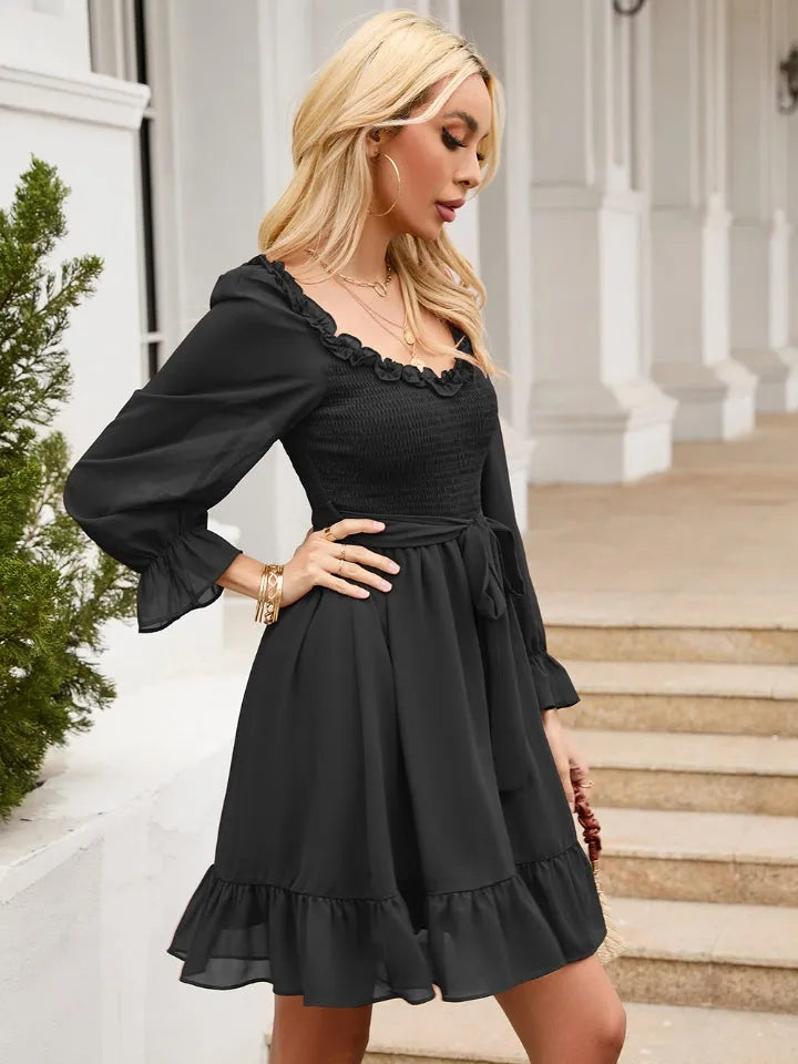 Tie Front Ruffle Hem Smocked Dress - Wellen Fashion