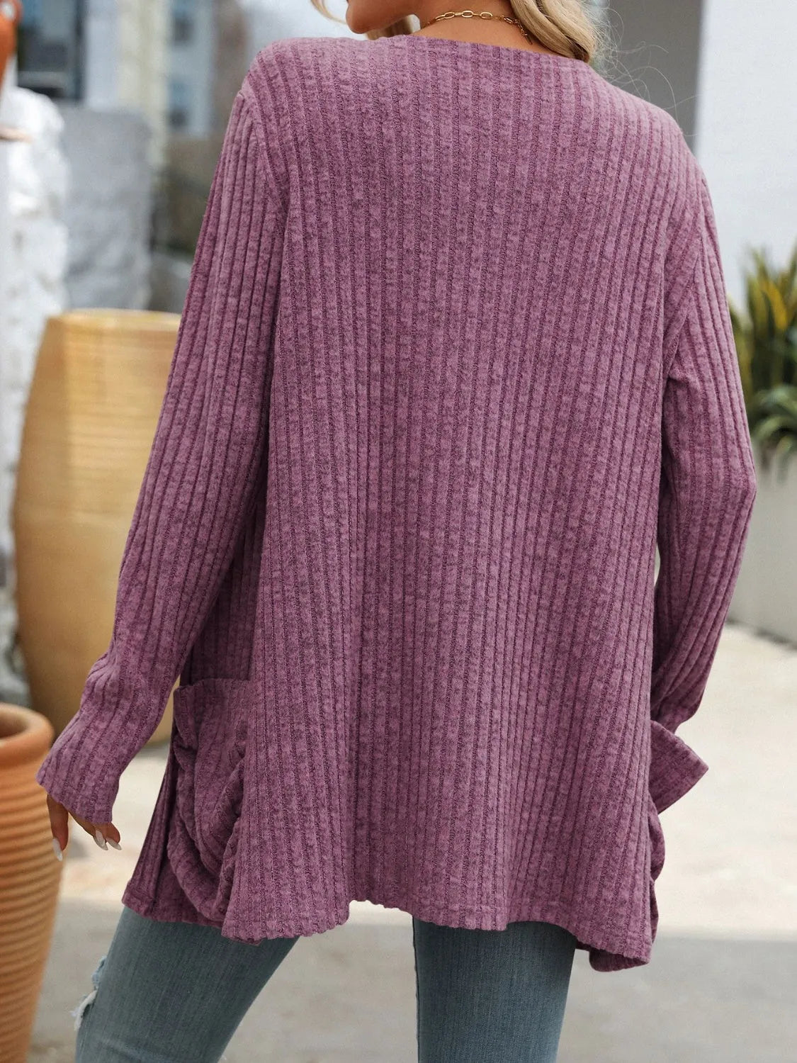 Open Front Long Sleeve Ribbed Cardigan - Wellen Fashion