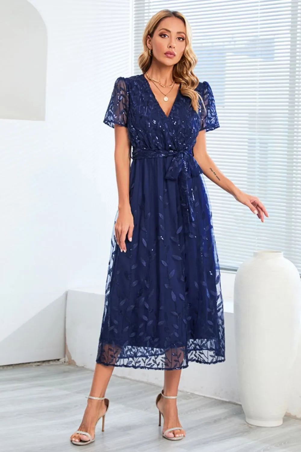 Sequin Leaf Embroidery Tie Front Short Sleeve Dress - Wellen Fashion