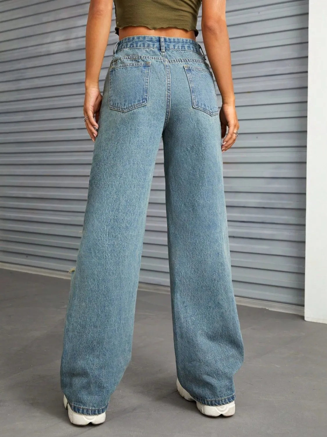 Distressed Wide Leg Jeans with Pockets - Wellen Fashion