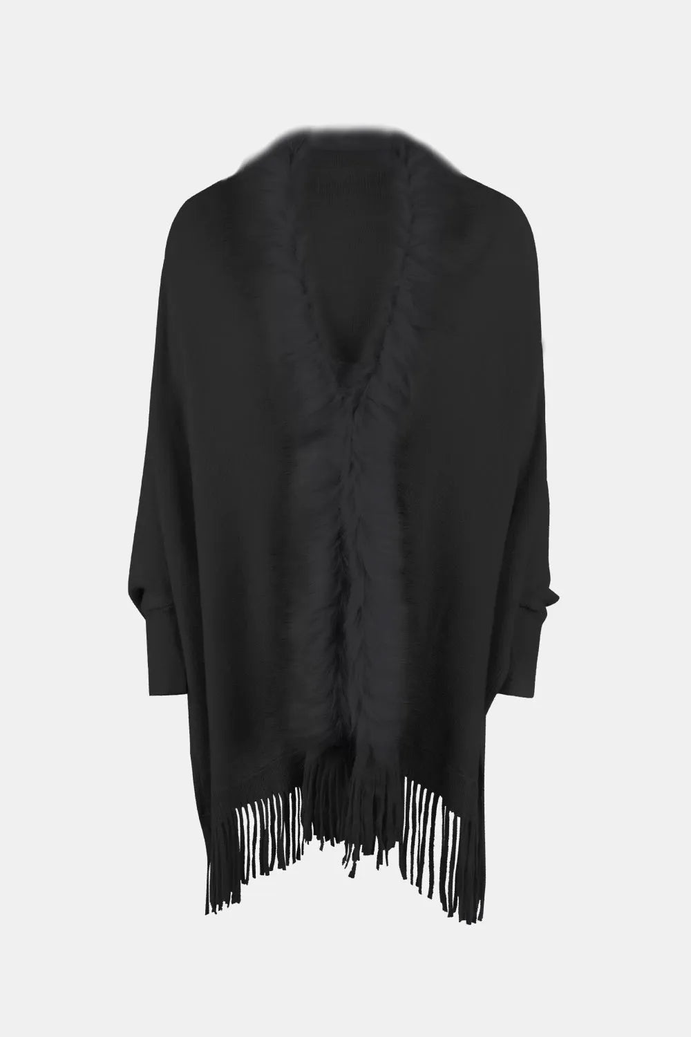 Fringe Open Front Long Sleeve Poncho - Wellen Fashion