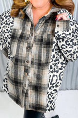 Plus Size Leopard Plaid Button Up Long Sleeve Shacket - Wellen Fashion