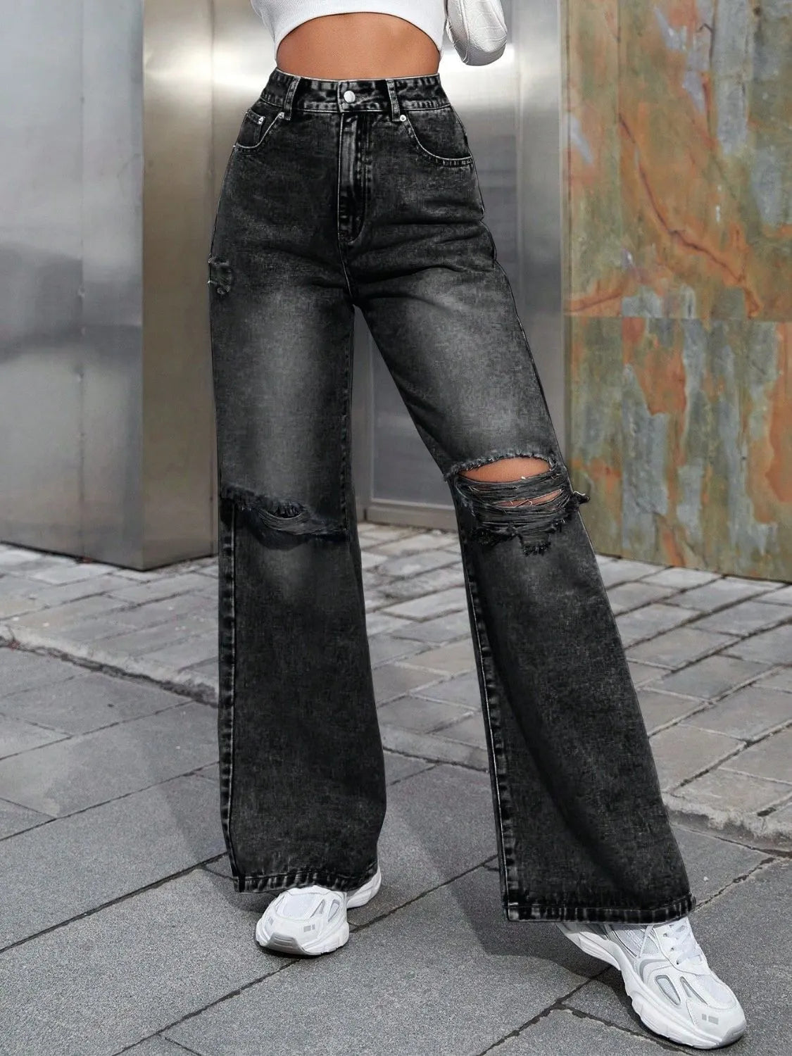 Distressed Wide Leg Jeans with Pockets - Wellen Fashion