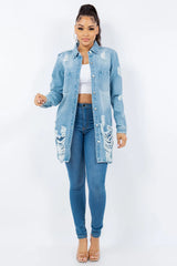 American Bazi Distressed Button Up Long Sleeve Denim Jacket - Wellen Fashion