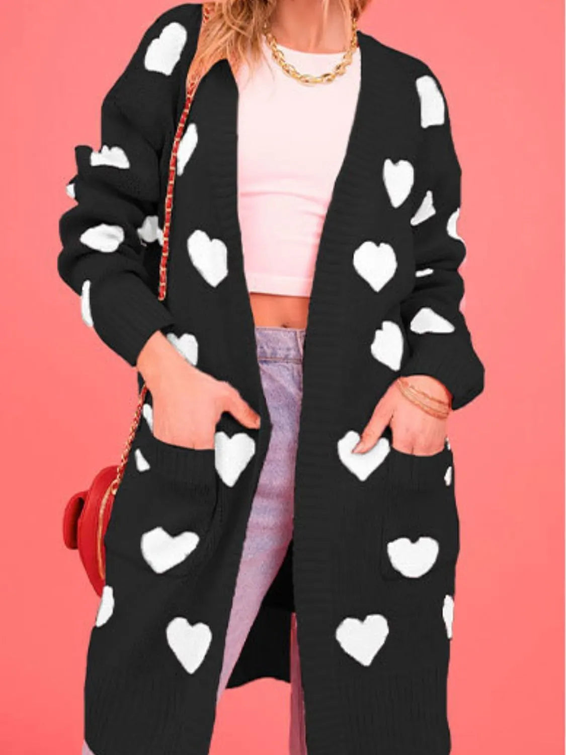 Heart Open Front Long Sleeve Cardigan - Wellen Fashion