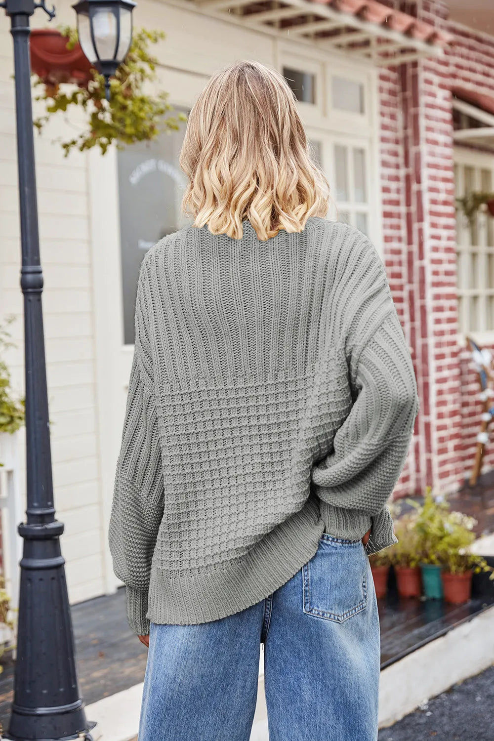 Ribbed Drop Shoulder Lantern Sleeve Sweater - Wellen Fashion