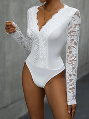 V-Neck Long Sleeve Lace Bodysuit - Wellen Fashion