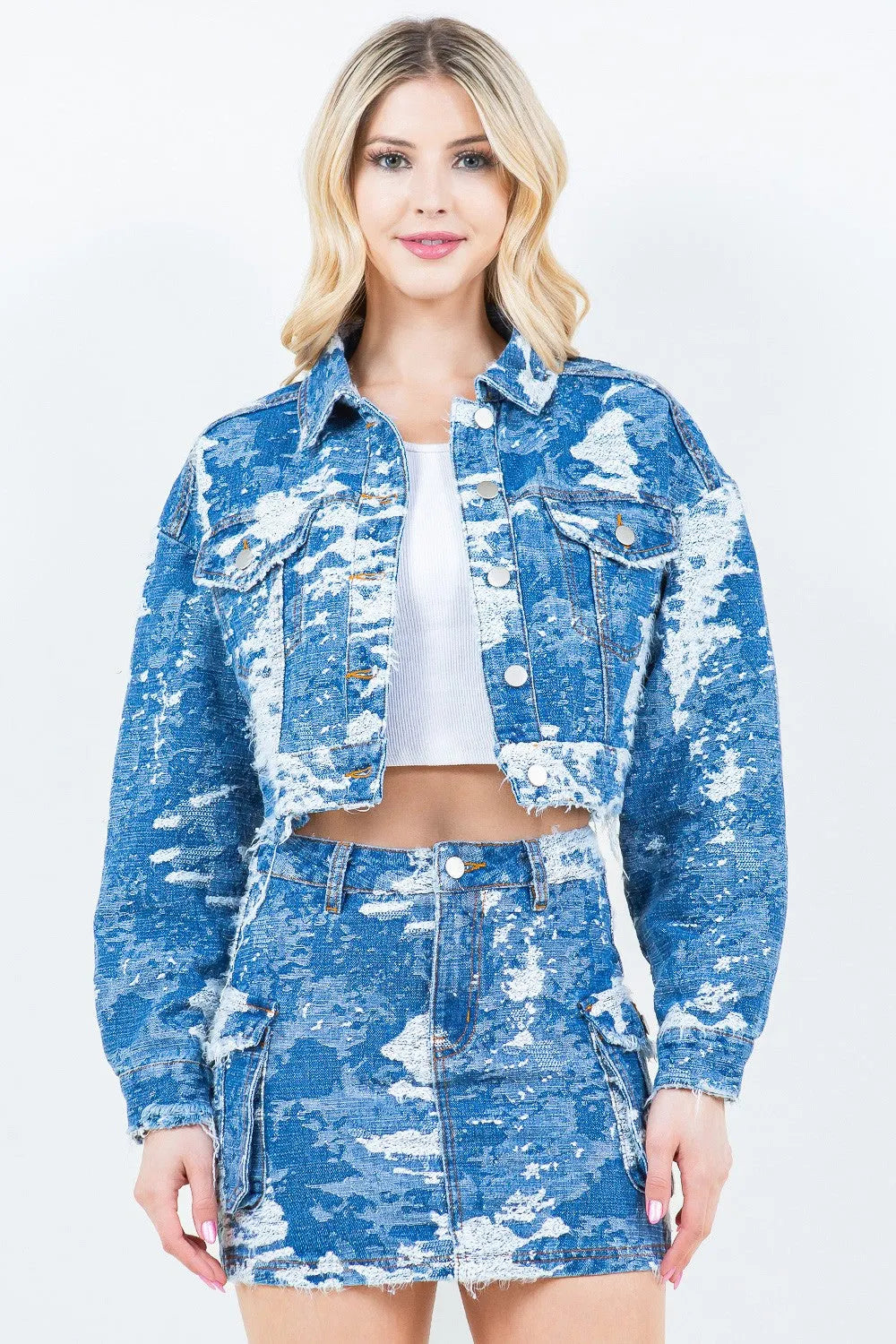 American Bazi Jacquard Trim Cropped Denim Jacket - Wellen Fashion