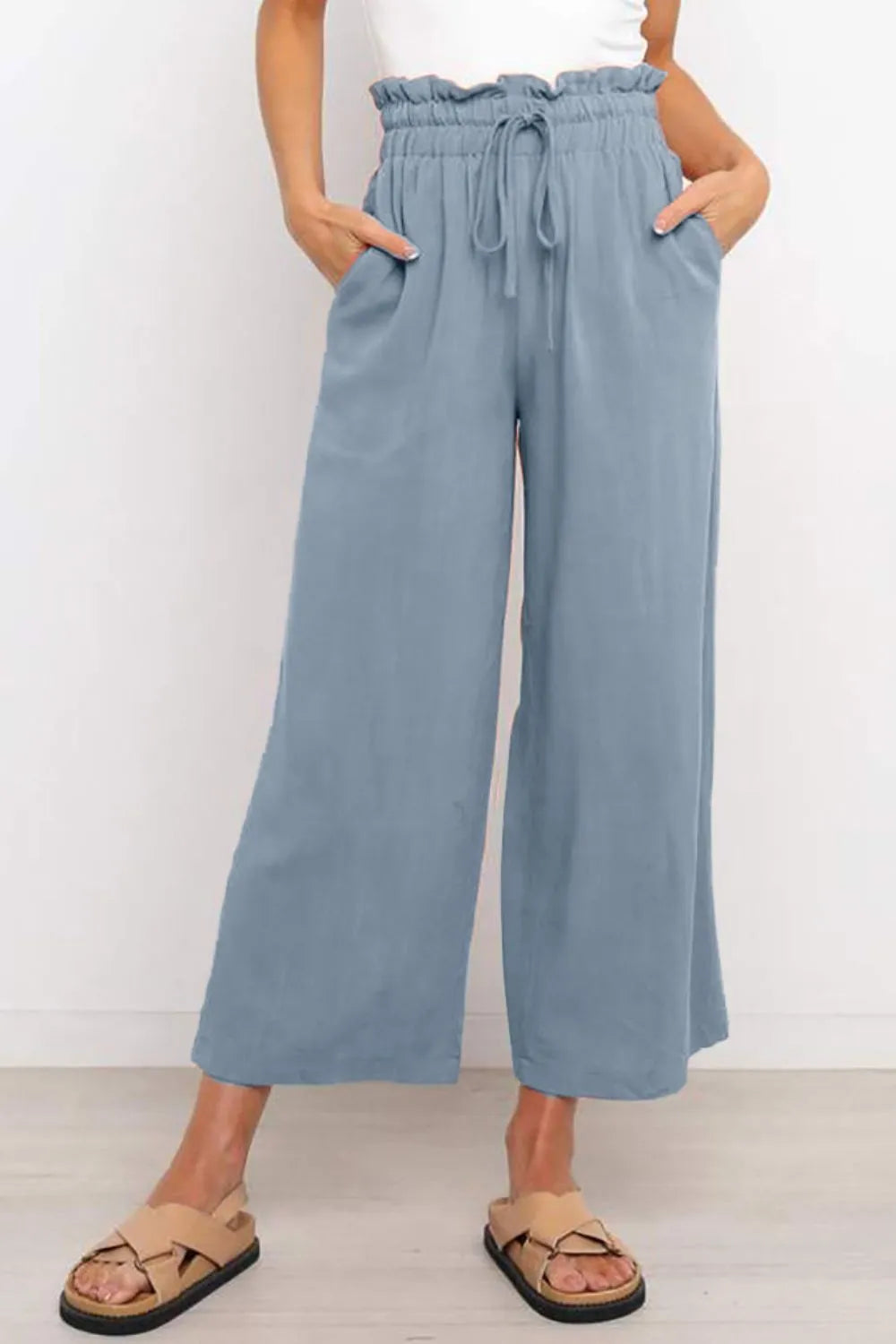 Drawstring Paperbag Waist Wide Leg Pants - Wellen Fashion