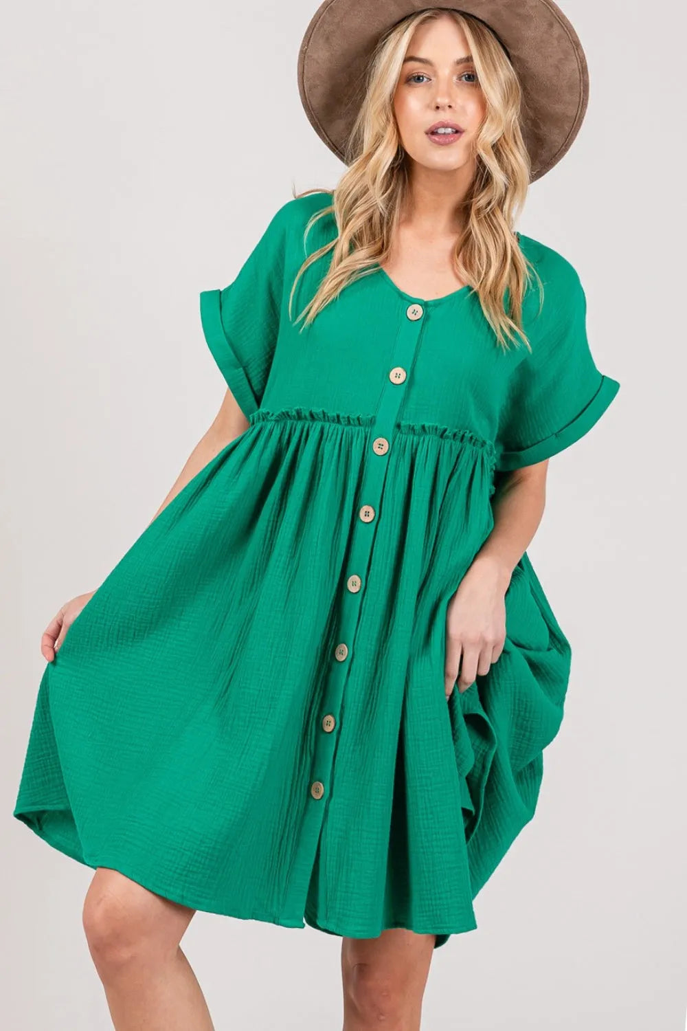 SAGE + FIG Full Size Button Up Short Sleeve Dress - Wellen Fashion