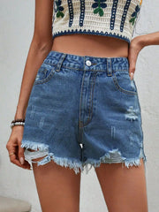 Distressed Raw Hem Denim Shorts - Wellen Fashion