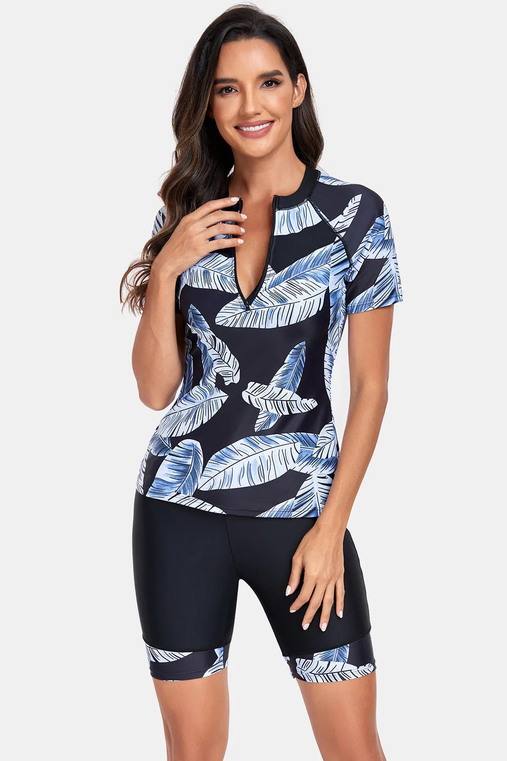 Printed Round Neck Short Sleeve Two-Piece Swim Set - Wellen Fashion