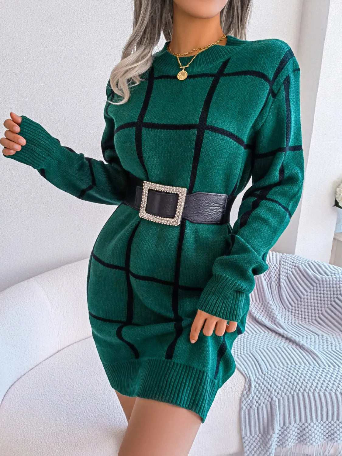 Plaid Round Neck Dropped Shoulder Sweater Dress - Wellen Fashion