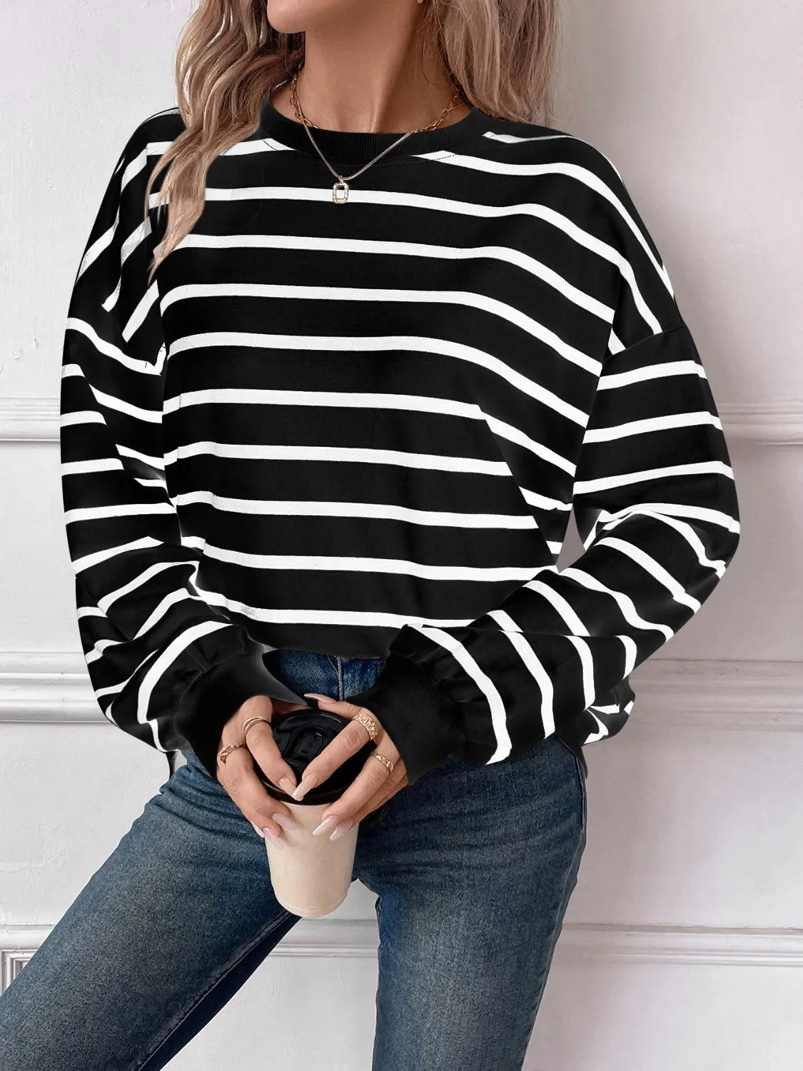 Lovelet Striped Round Neck Long Sleeve Sweatshirt - Wellen Fashion