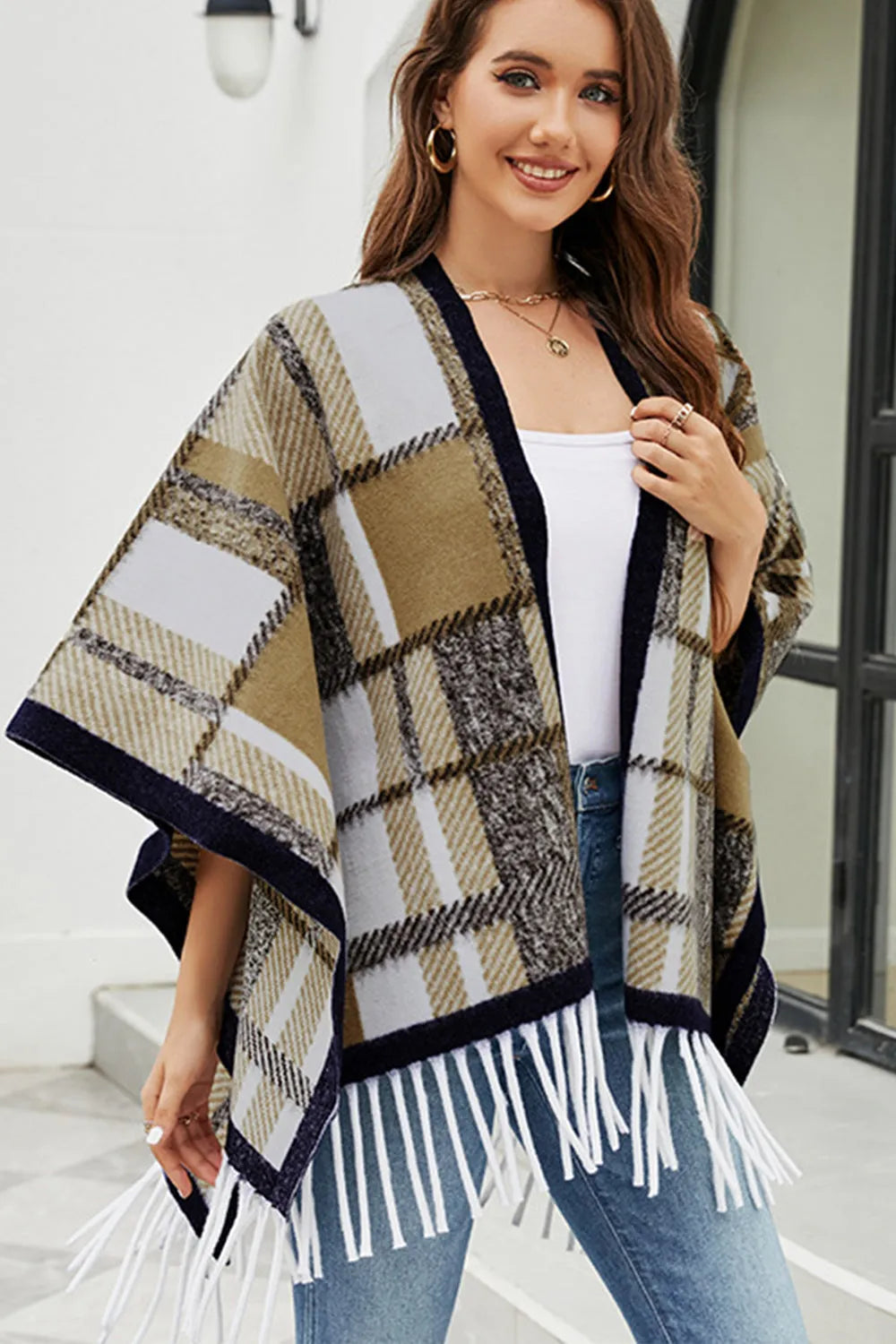 Cloak Sleeve Fringe Detail Poncho - Wellen Fashion