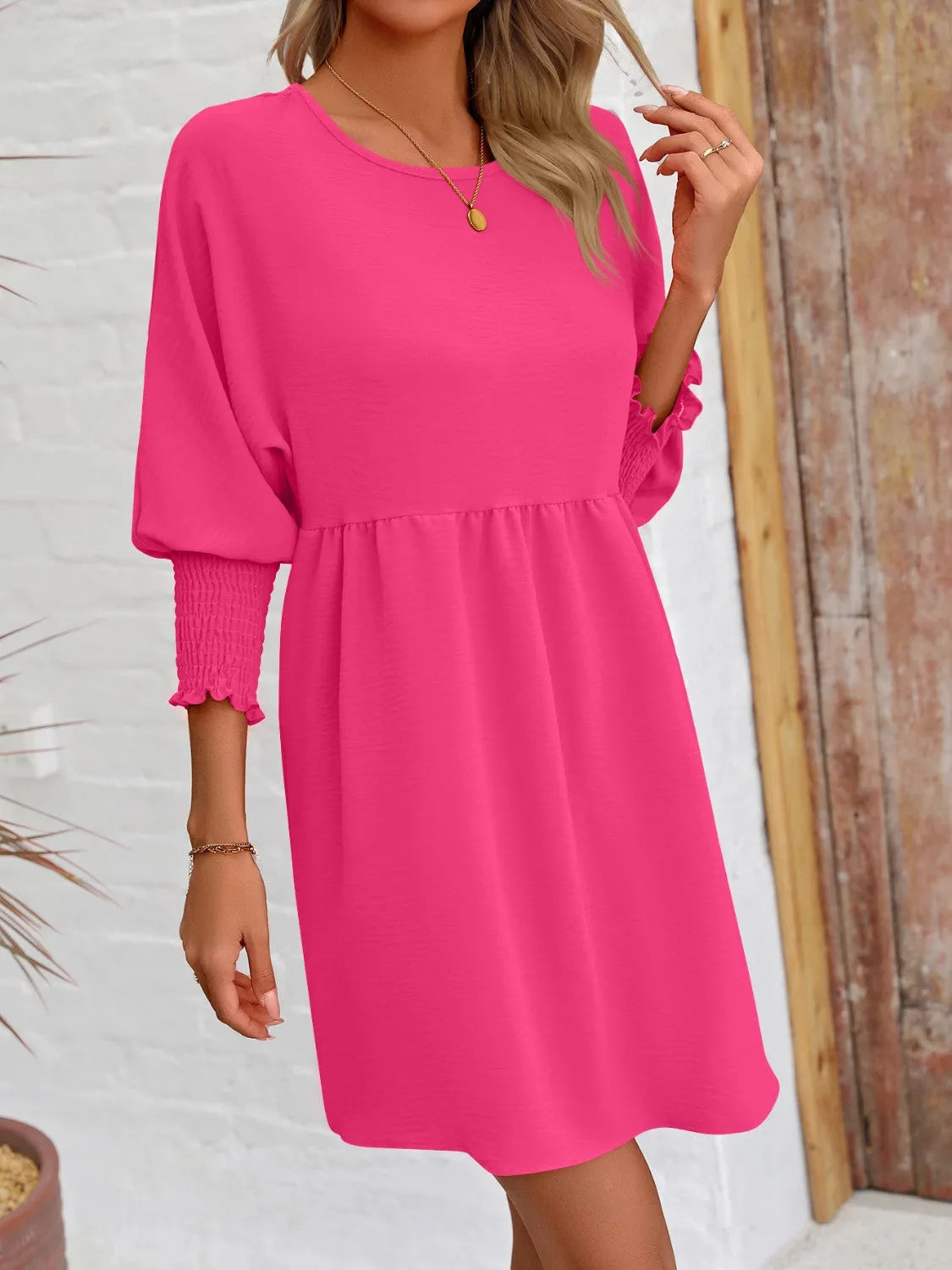 Round Neck Lantern Sleeve Mini Dress - Wellen Fashion