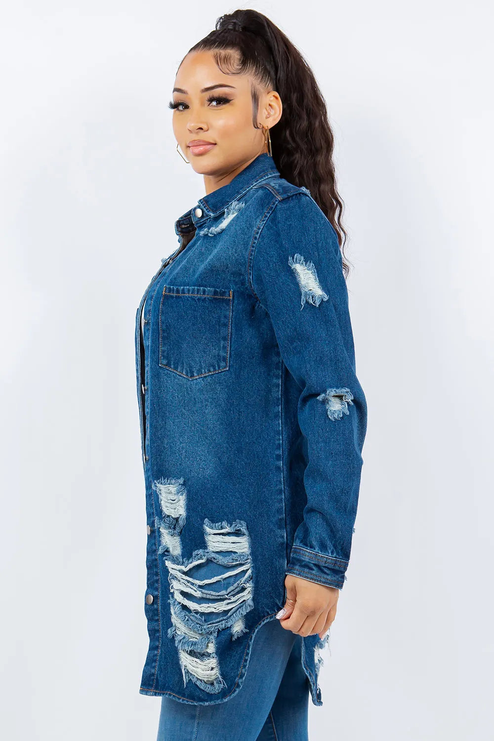 American Bazi Distressed Button Up Long Sleeve Denim Jacket - Wellen Fashion