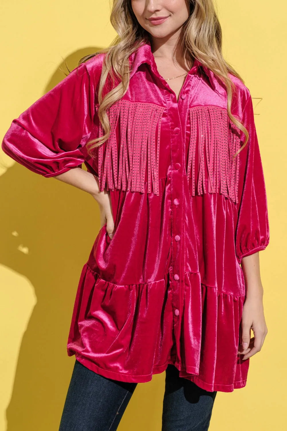 And The Why Fringe Detailed Velvet Shirt Dress - Wellen Fashion