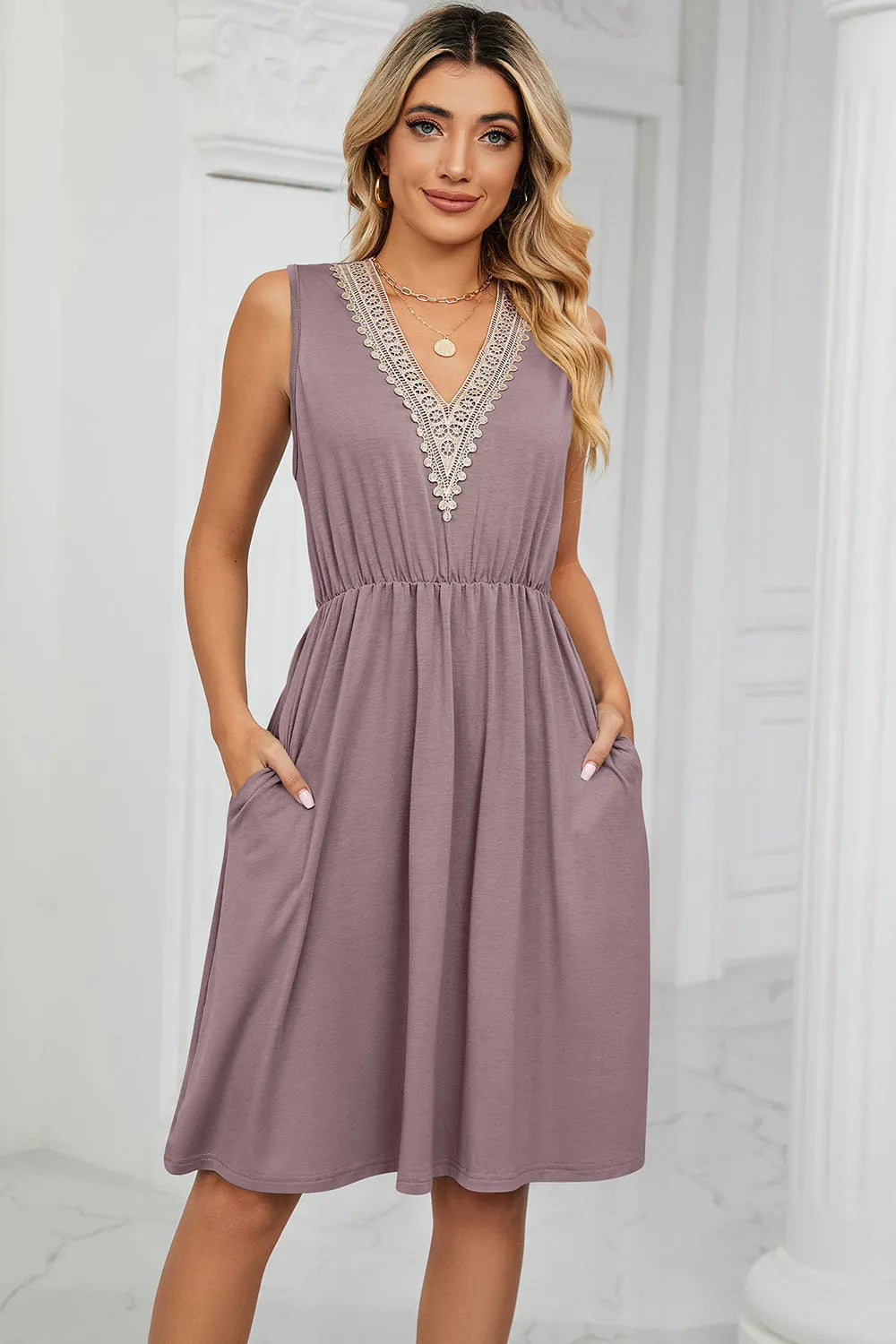 Pocketed V-Neck Wide Strap Dress - Wellen Fashion