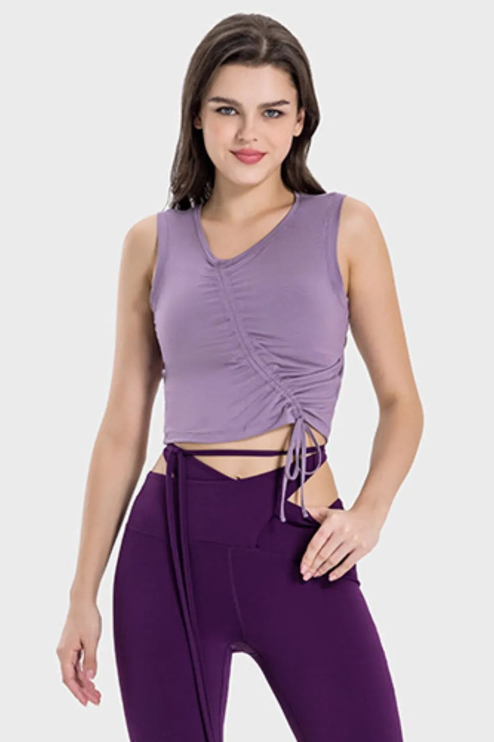 Millennia Drawstring Ruched Wide Strap Active Tank - Wellen Fashion