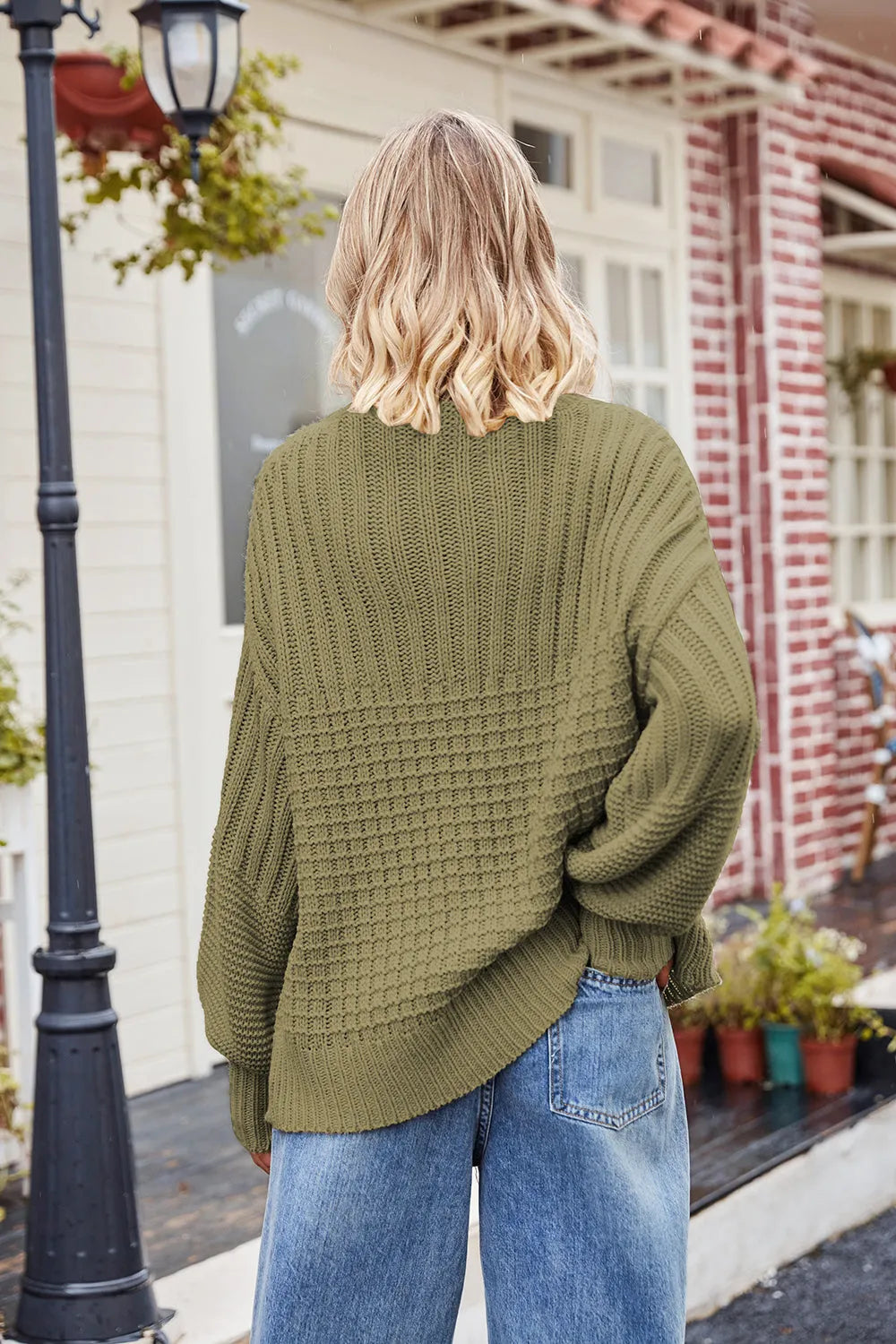 Ribbed Drop Shoulder Lantern Sleeve Sweater - Wellen Fashion