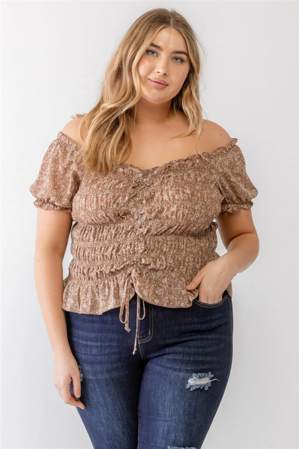 Zenobia Plus Size Frill Ruched Off-Shoulder Short Sleeve Blouse - Wellen Fashion