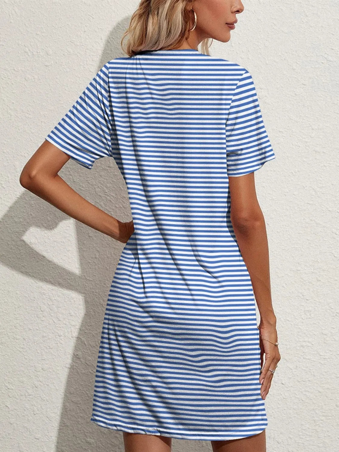 FAM-FAM Pocketed Striped Round Neck Short Sleeve Dress - Wellen Fashion