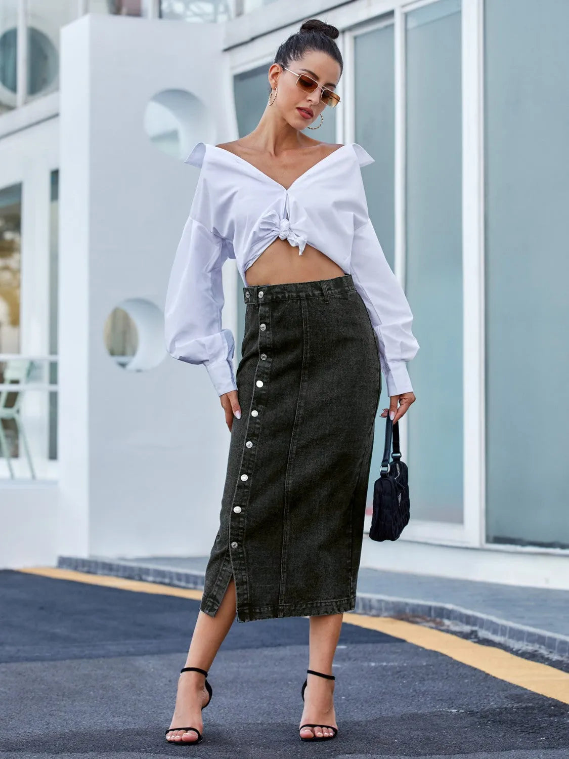 Button Down Denim Skirt - Wellen Fashion