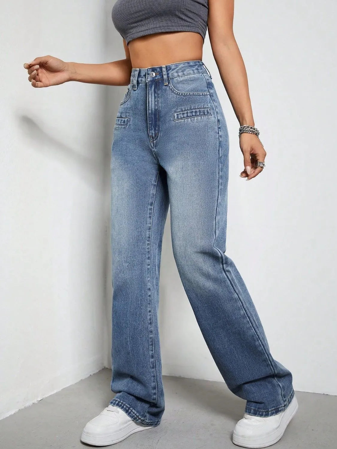 High Rise Wide Leg Jeans with Pockets - Wellen Fashion