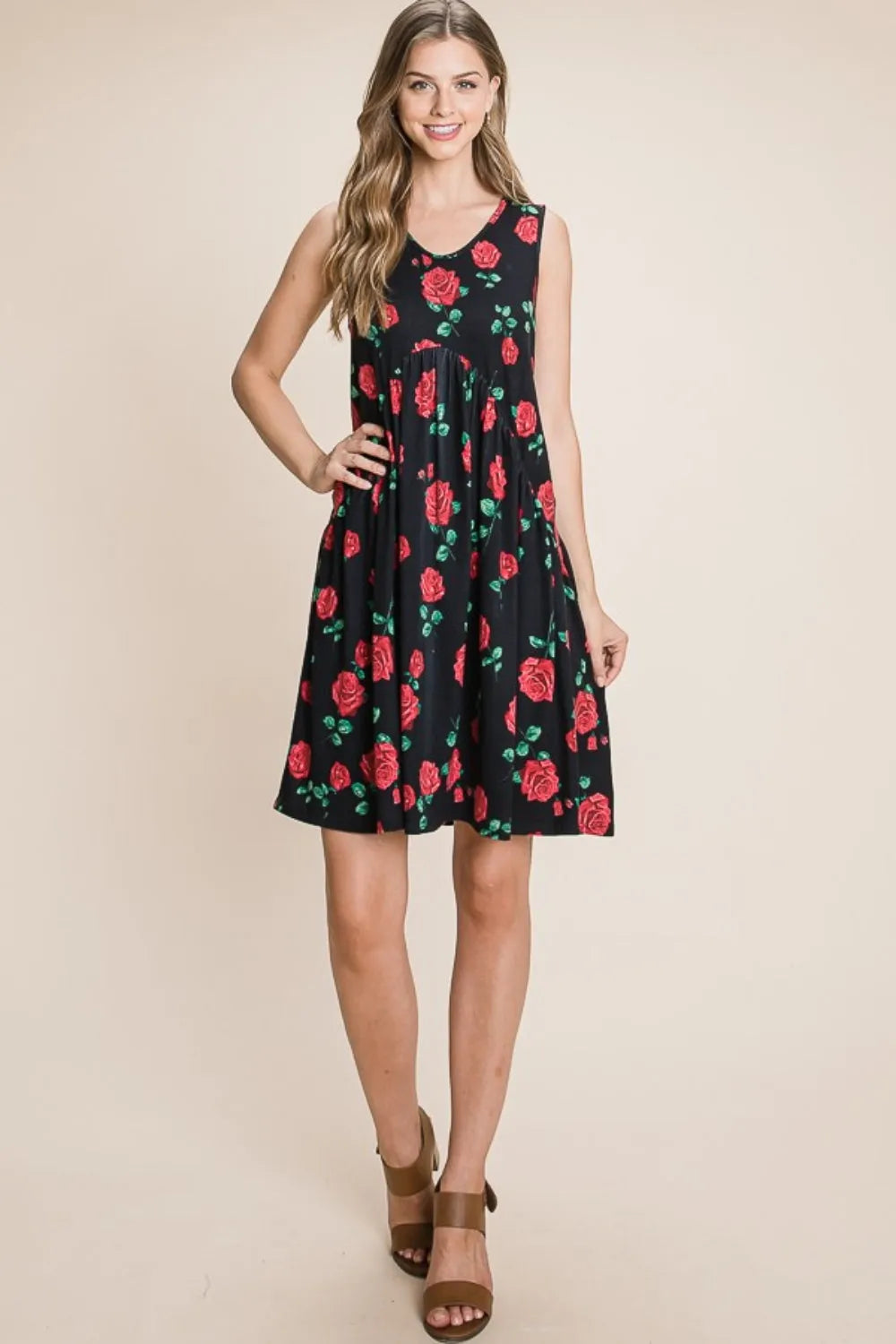 BOMBOM Floral Ruched Tank Dress - Wellen Fashion