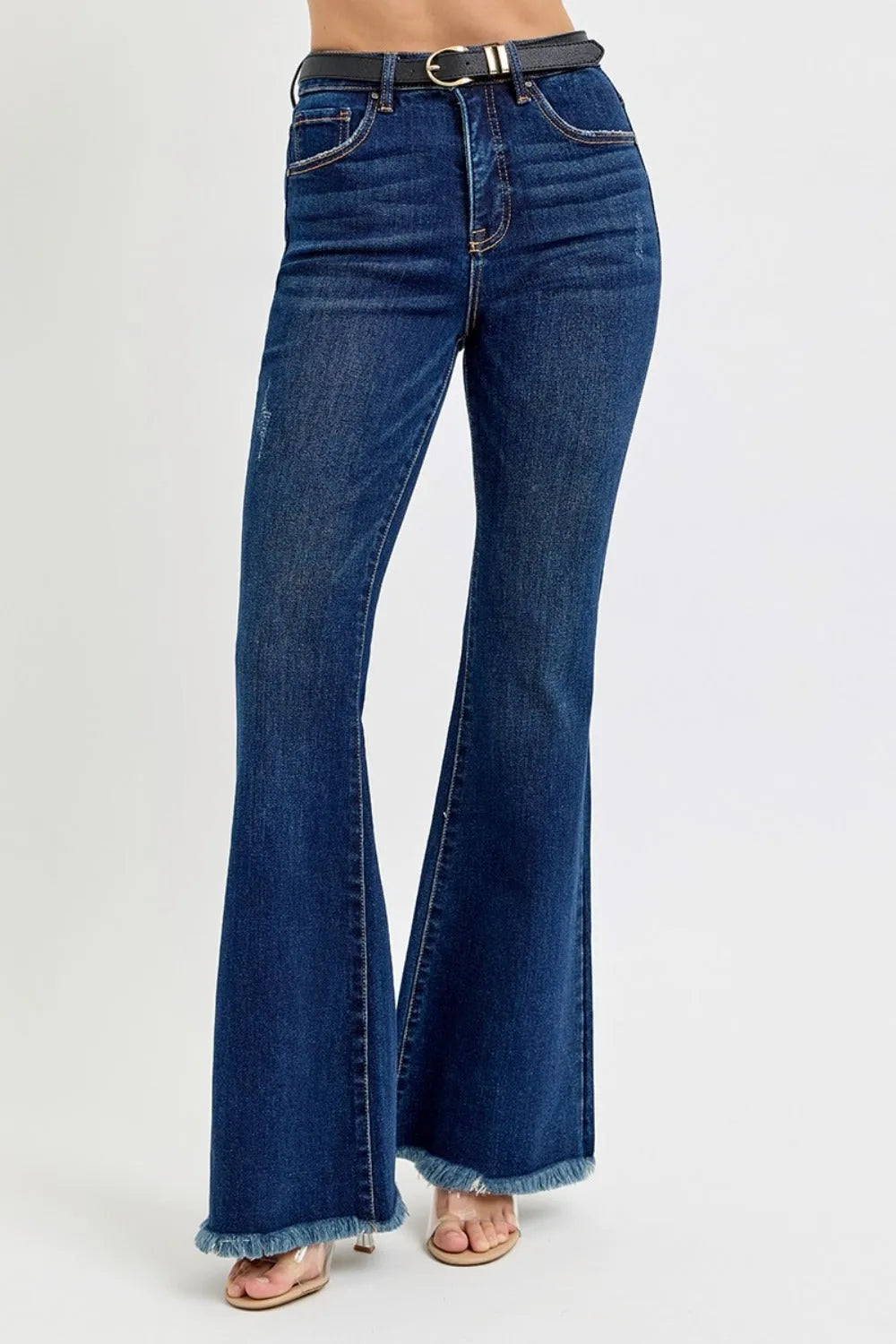 RISEN Tummy Control Frayed Hem Flare Jeans - Wellen Fashion