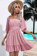 Square Neck Tie Back Ruffle Hem Dress - Wellen Fashion