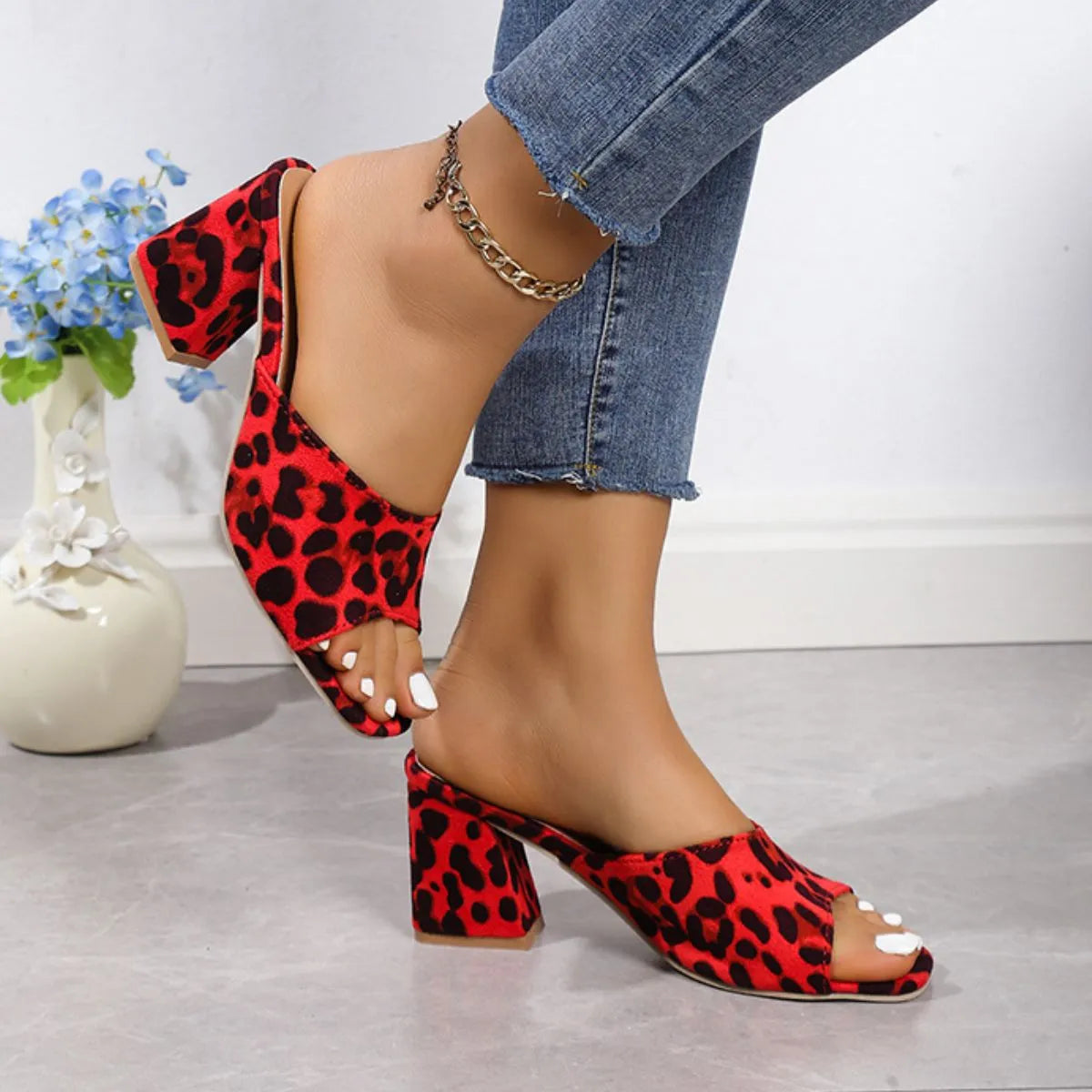 Leopard Block Heel Suede Sandals - Wellen Fashion