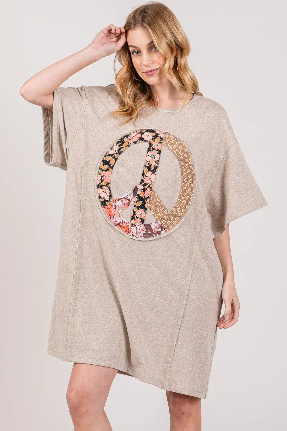 SAGE + FIG Full Size Peace Sign Applique Short Sleeve Tee Dress - Wellen Fashion