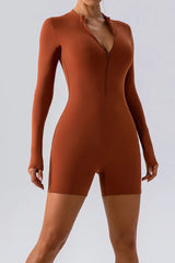 Half Zip Long Sleeve Active Romper - Wellen Fashion