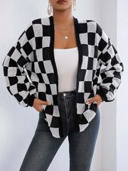 Checkered Open Front Long Sleeve Cardigan - Wellen Fashion