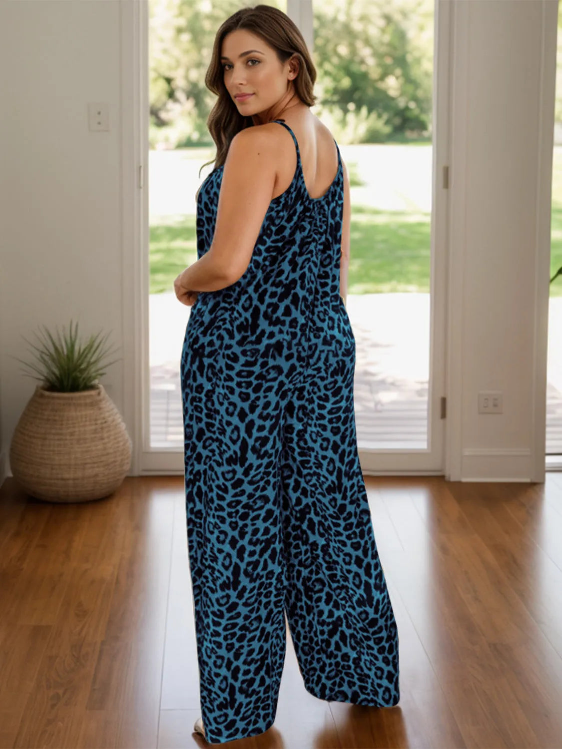 Full Size Leopard Scoop Neck Wide Leg Jumpsuit - Wellen Fashion