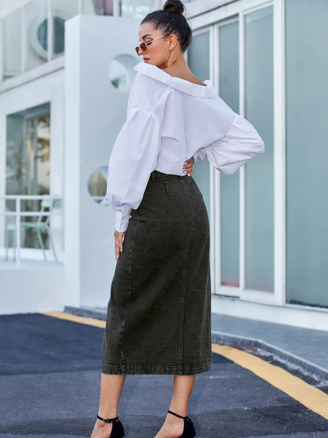 Button Down Denim Skirt - Wellen Fashion