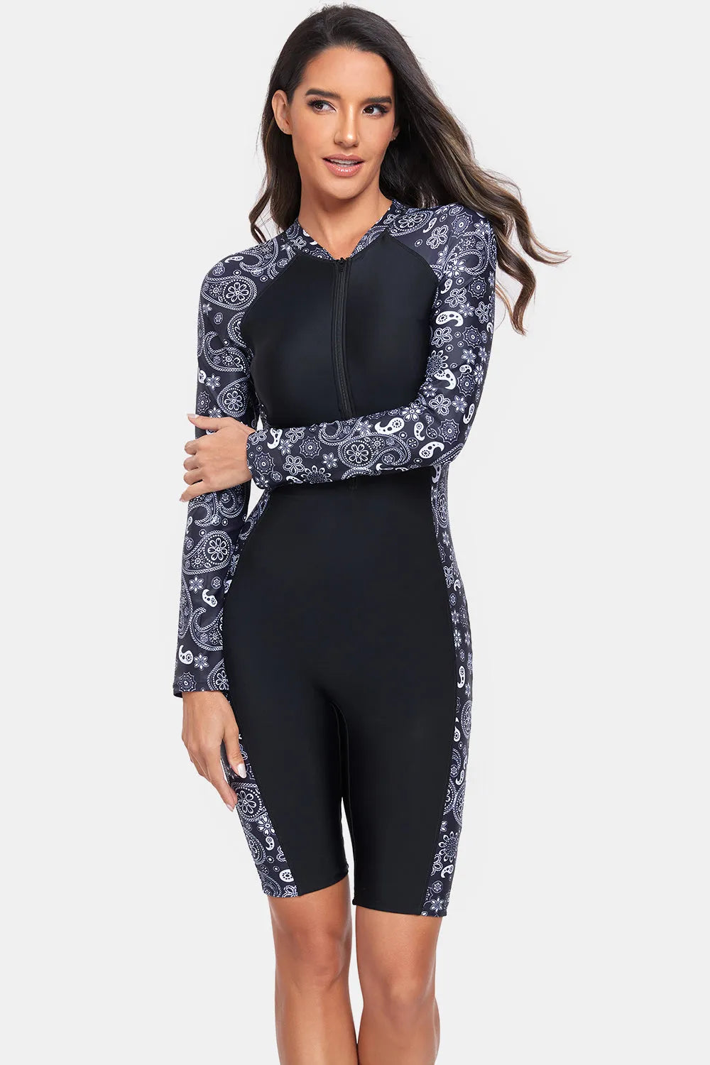 Printed Half Zip Long Sleeve One-Piece Swimwear - Wellen Fashion